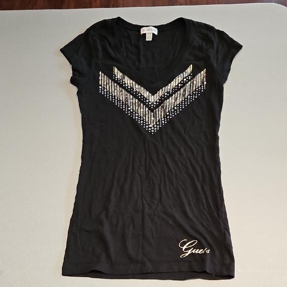 Guess Black Fitted Sparkly / Studded Tee - Picture 1 of 8